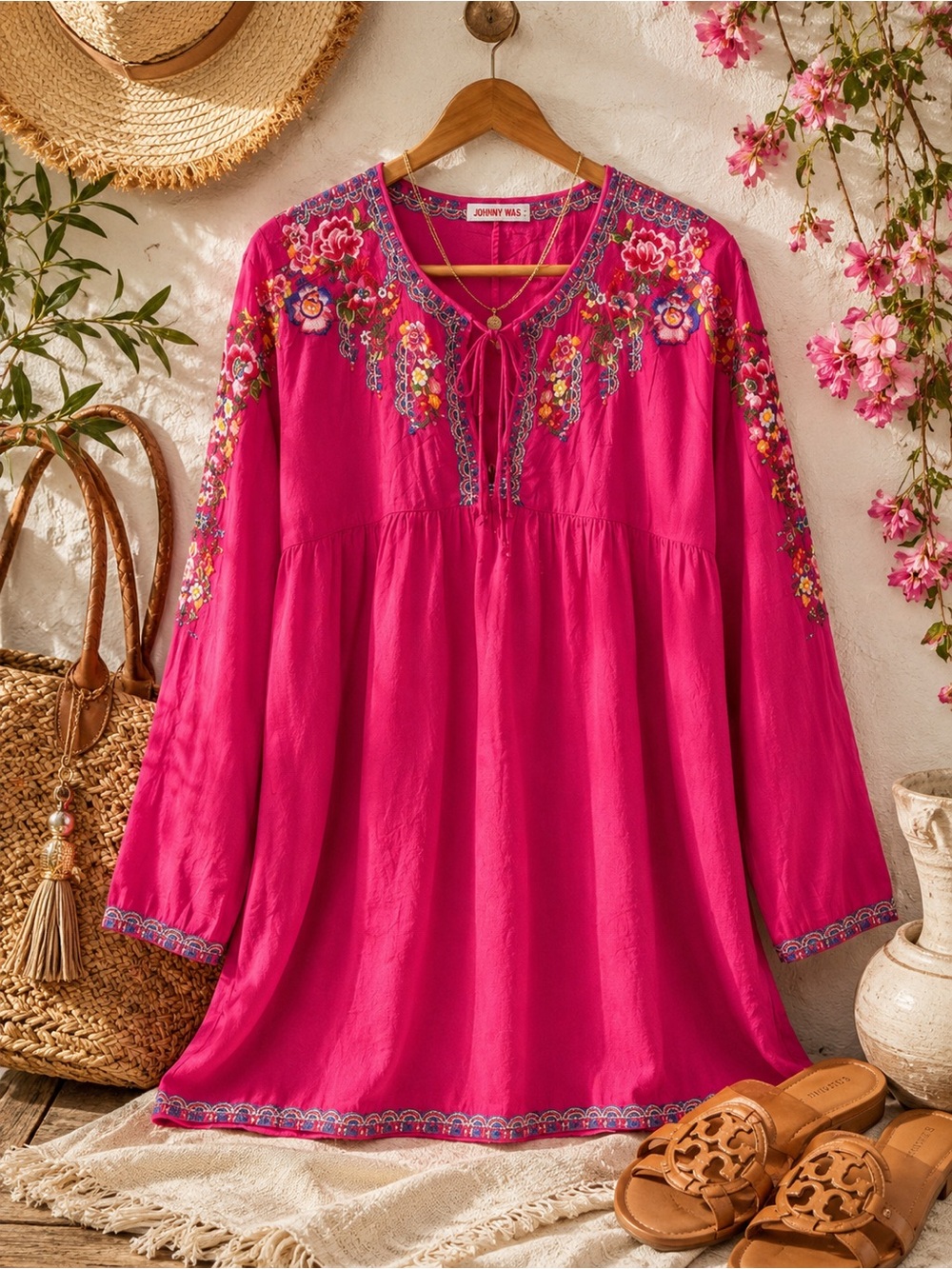 Johnny Was Embroidered Boho Tunic Pink Floral Resort Top